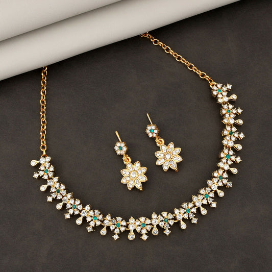 Artificial Gold-Plated Emerald Green & Diamond-Look Floral Choker Necklace Set
