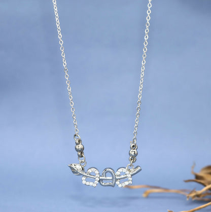Silver Tone AD Pave Double Heart Arrow Cupid Pendant Necklace For women and girls
