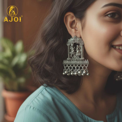 Oxidized Silver Temple Earrings – Handcrafted Radha Krishna Design with Ghungroo Drops