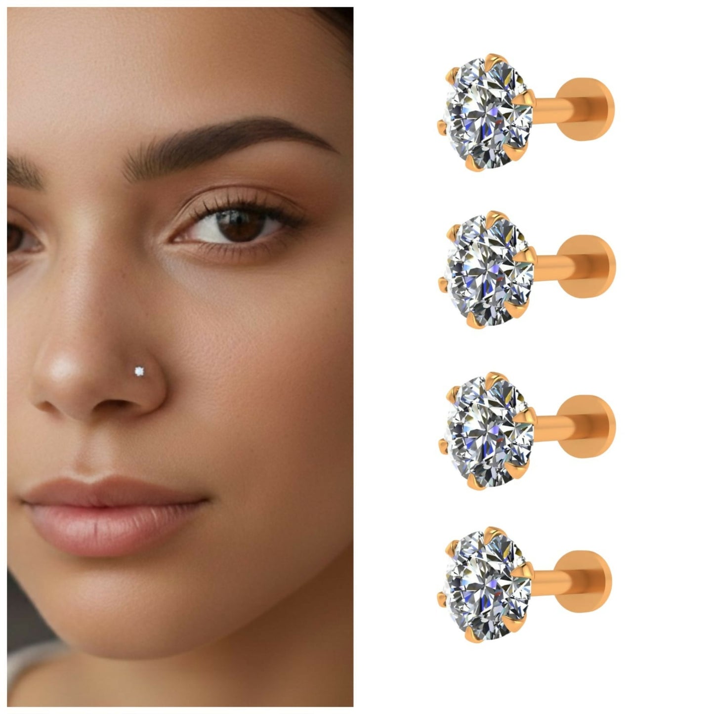 Artificial Gold AD Nosepin Laung Koka Nathni Internally Threaded Labret Combo Pack of 4