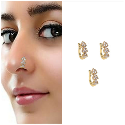 Artificial Gold Plated CZ Stone Floral Nose Clip/Non-Pierced Nath Combo Pack of 3