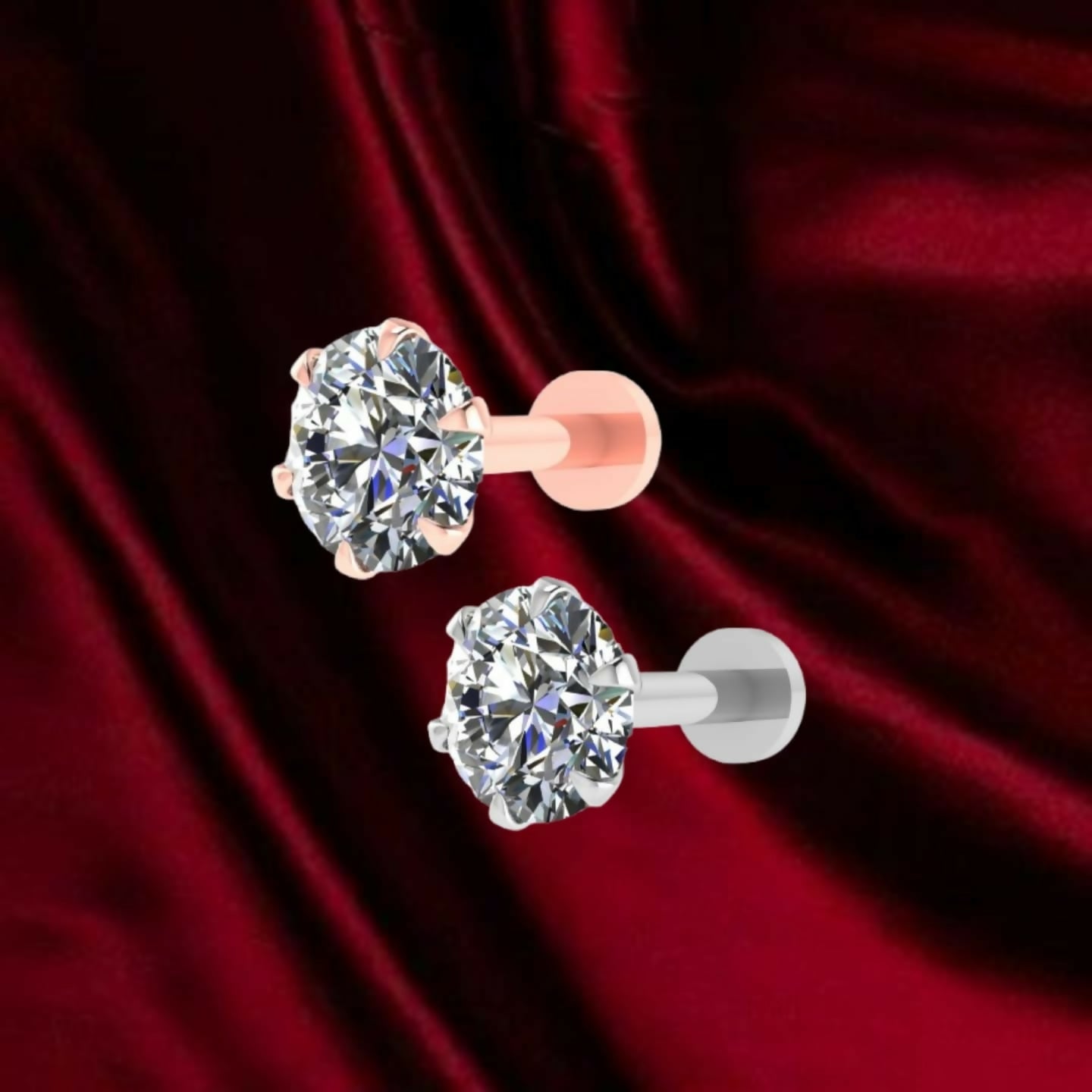 Rose and silver plated Flat Back AD nosepin Stud Labret Piercing Combo Pack of 2