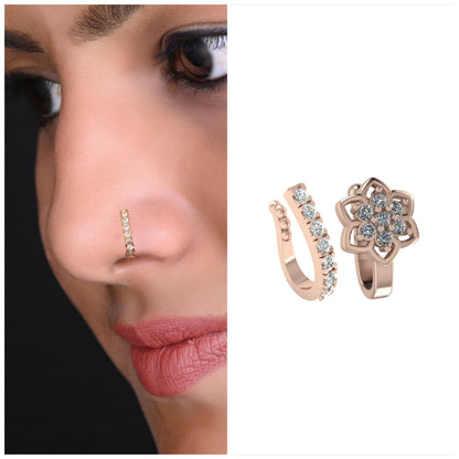 CZ Flower Non-Piercing Nose Clip/Cuff (   Artificial Gold & Rose   Artificial Gold) Combo Pack of 2