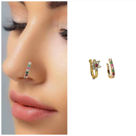 Multicolor AD    Artificial Gold Nose Ring for women and girls Combo Pack of 2
