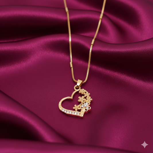 Artificial Gold-Plated AD Heart & Floral Pendant Necklace For women and girls