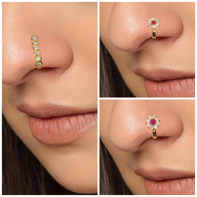 CZ Flower & Line    Artificial Gold Plated Non-Piercing Nose Ring Set Combo Pack of 3