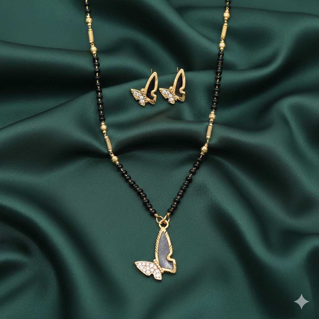 Artificial Gold-Plated AD Butterfly Mangalsutra & Matching Earrings Set for women