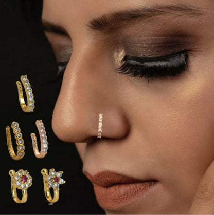 CZ Flower & Line Non-Piercing Nose Ring/Nath Combo Set Combo Pack of 5