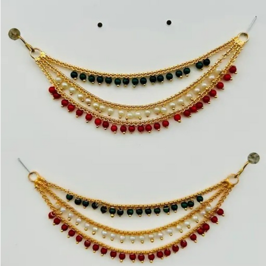 Artificial Gold-Plated Ear Chain Kanser with Red Green Beads and Pearls for Women’s Wedding Jewelry