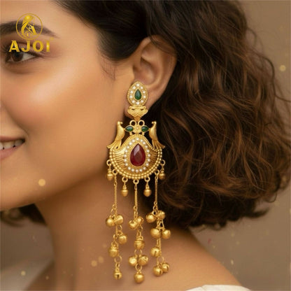 Kashmiri Heritage  Artificial Gold-Plated Dangler Earring with Red Teardrop Stone, Pearl Detailing & Ghungroo Chains.