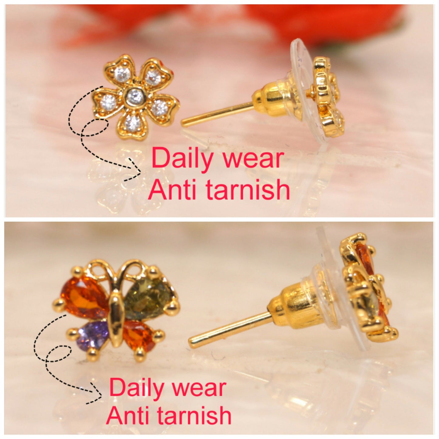 Artificial Gold-Plated AD Flower & Colorful Butterfly Stud Earrings Set for women & girls Combo Pack of 2