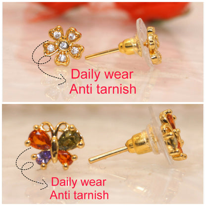 Artificial Gold-Plated AD Flower & Colorful Butterfly Stud Earrings Set for women & girls Combo Pack of 2