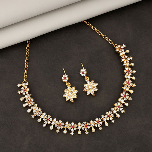 Diamond-Look Floral Choker Necklace Set with Accent Stones