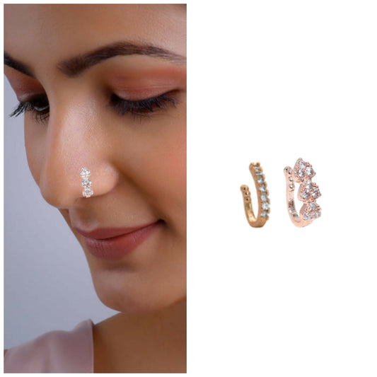 Triple Cluster CZ No Piercing Nose Ring Nath -   Artificial Gold/Rose    Artificial Gold Combo Pack of 2