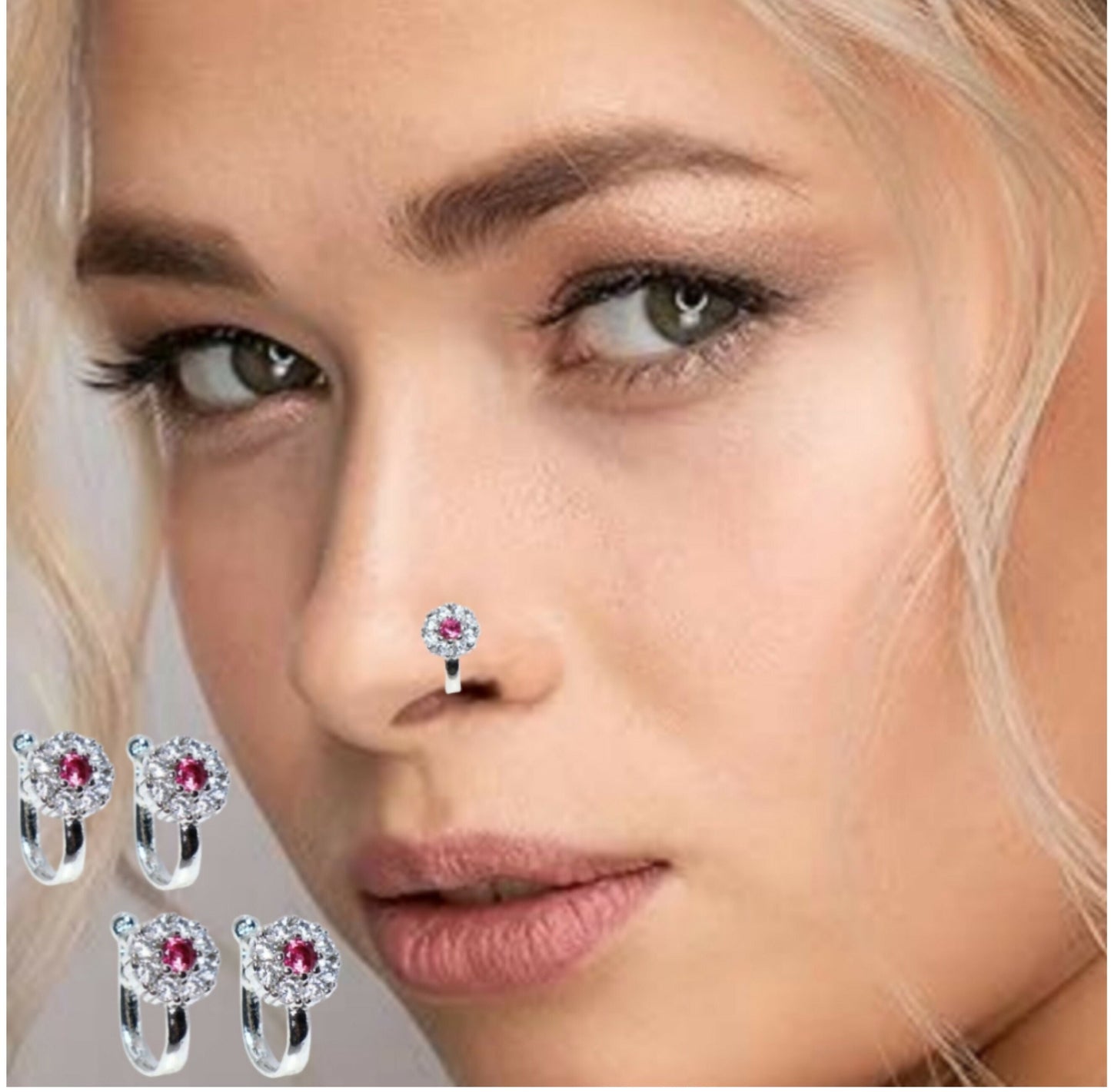 Rose    Artificial Gold Pink/White CZ Floral Non-Pierced Clip-On Nose Pin Combo Pack of 4