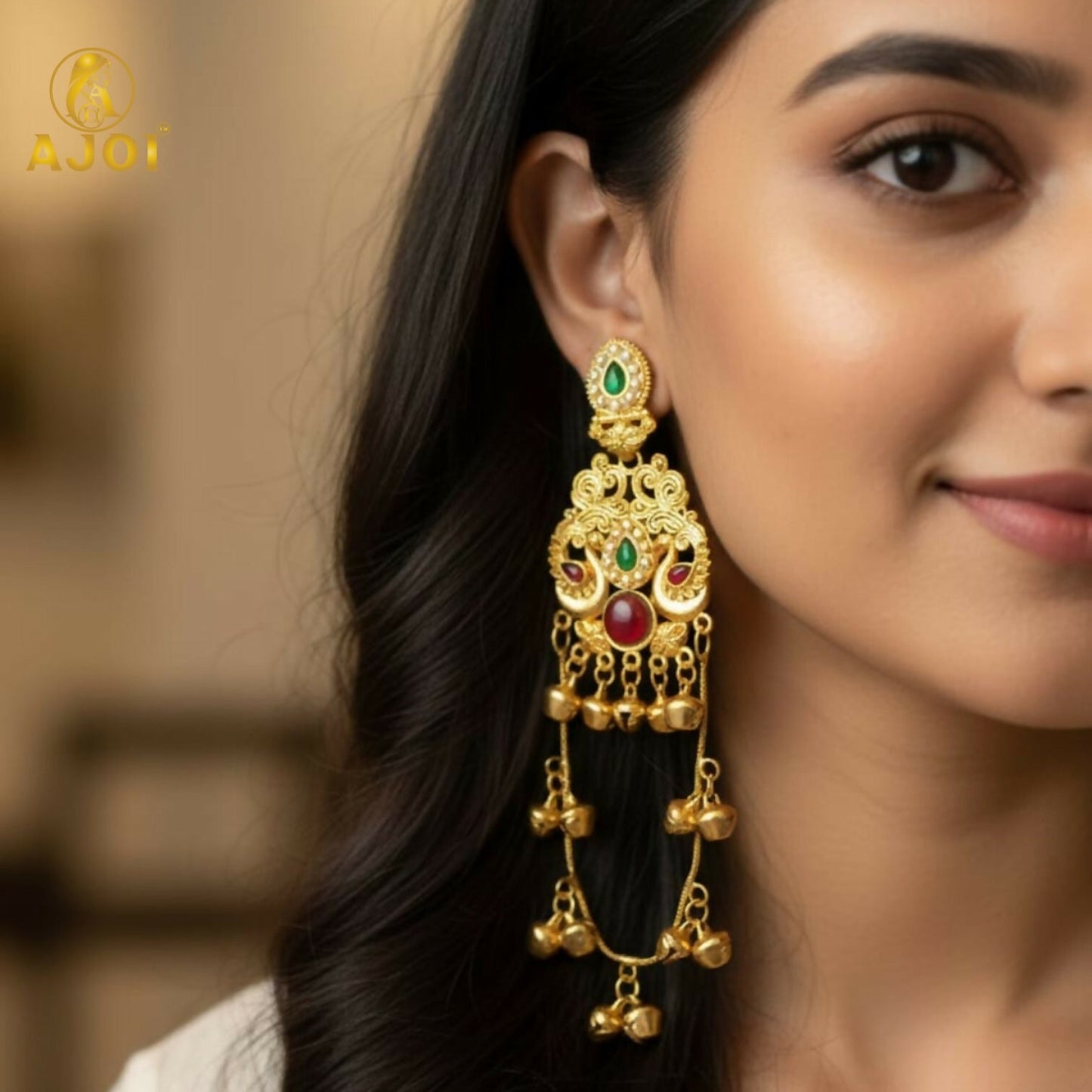 Green & Ruby Stone Kashmiri Traditional   Artificial Gold-Plated Ghungroo Earrings For Women And Girls.