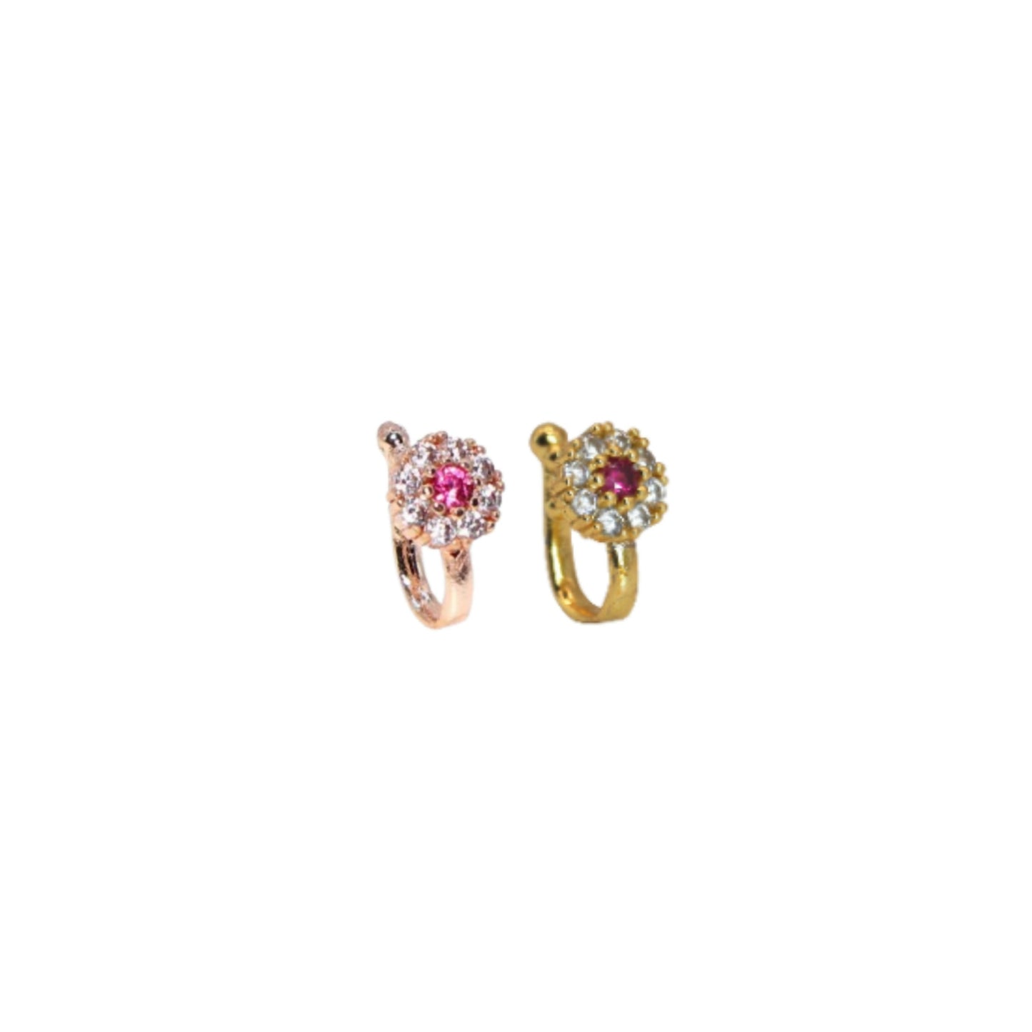 Non-Piercing Floral Nose Ring/Nath Set Rose    Artificial Gold Pink Stone Combo Pack of 2