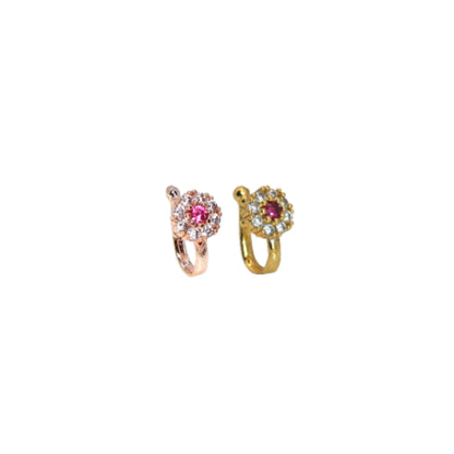 Non-Piercing Floral Nose Ring/Nath Set Rose    Artificial Gold Pink Stone Combo Pack of 2