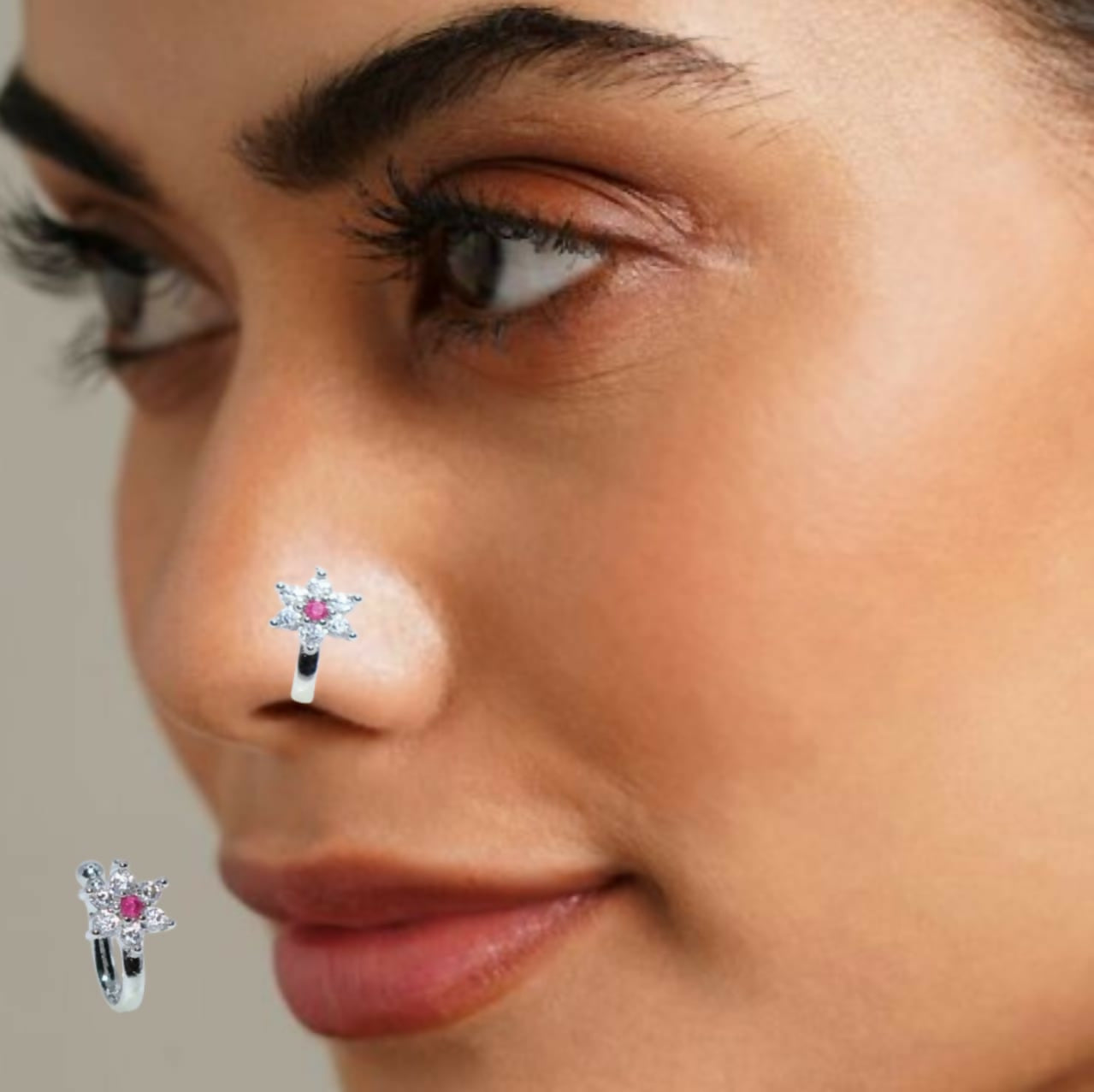 Non-Piercing AD Nose Clip Set - Flower & Gold Pave Hoop