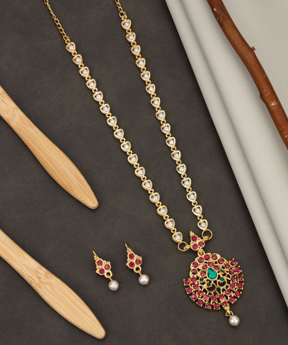 Artificial Gold-Tone Green-Pink & Crystal Flower Choker with Pearl Drops