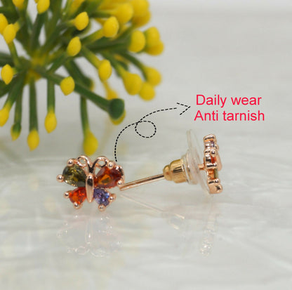 Rose    Artificial Gold Butterfly Stud Earrings | Multi-Color AD | Cute Daily Jewelry for women and girls