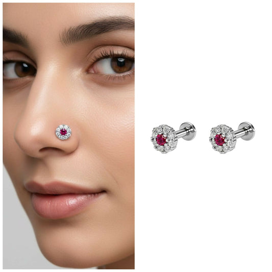 Ruby Floral Halo Nose Pin Silver plated Labret Stud Piercing Combo Pack of 2