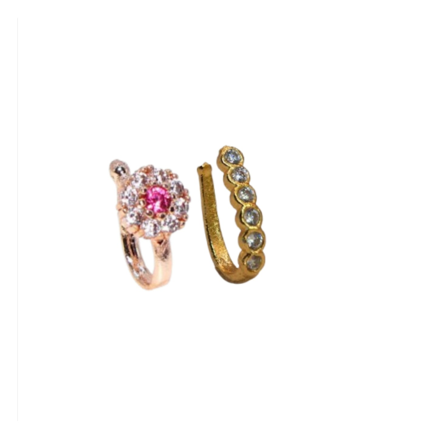 2Pc    Artificial Gold Rose    Artificial Gold AD Non-Piercing Nose Ring & Side Cuff Set