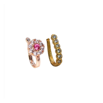 2Pc    Artificial Gold Rose    Artificial Gold AD Non-Piercing Nose Ring & Side Cuff Set
