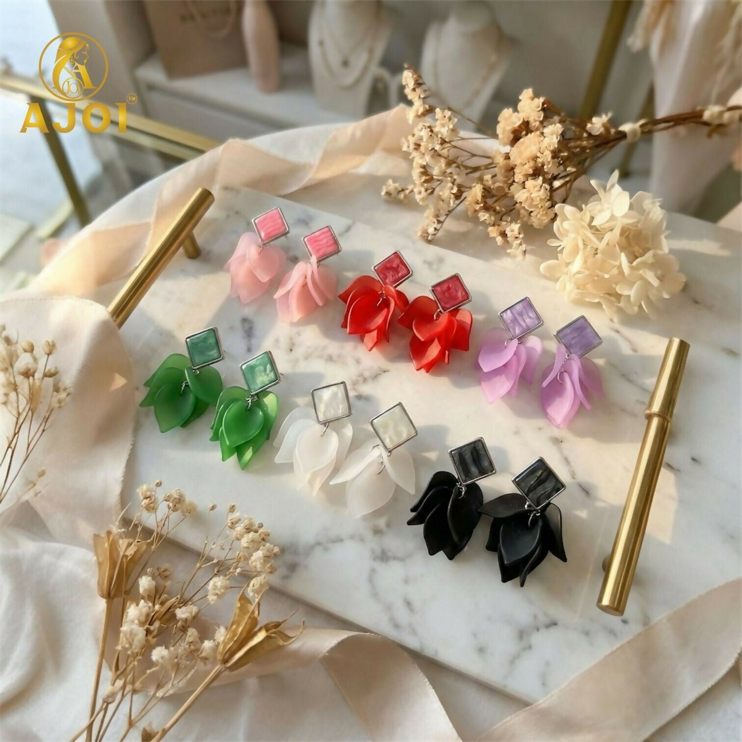 Premium Acrylic Petal Drop Earrings with Square Stud Top – Multicolor Fashion Collection (Pack Of 6)